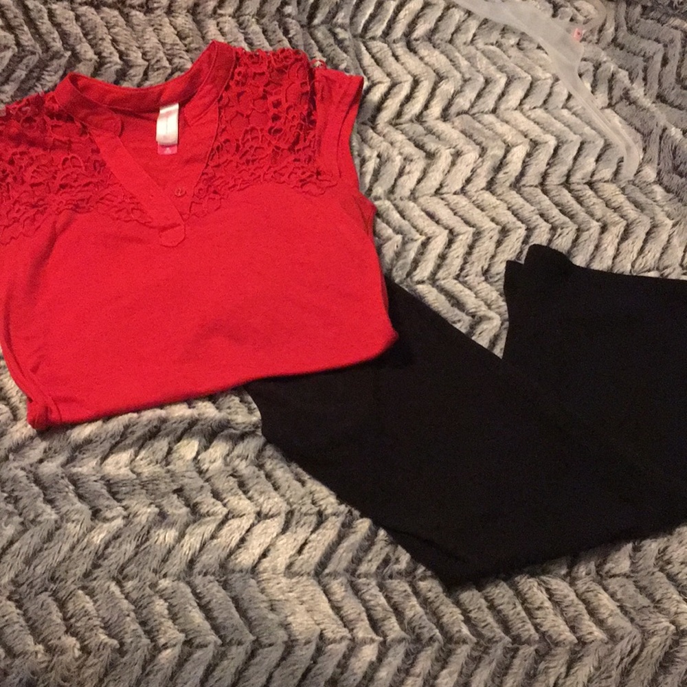 Red Lace Top Shirt & Black Wide Leg Leggings